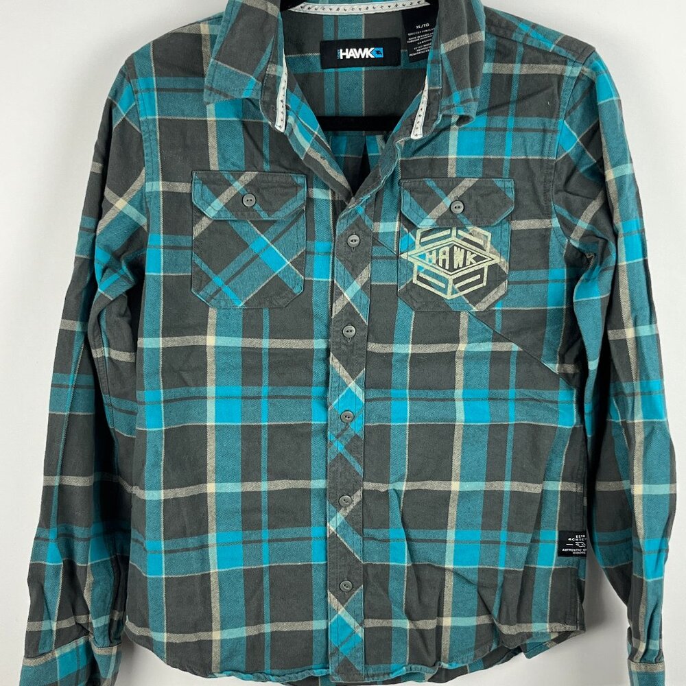 Tony Hawk Kids Casual Button Down Shirt Size XL Blue Gray Plaid Long Sleeve